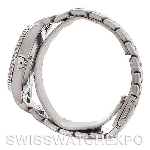 This side view of the Tag Heuer Link WW2110 Men's Stainless Steel Silver Dial WW2110 Men's Stainless Steel Silver Dial model watch shows the case, bezel, crown, bracelet, and clasp.