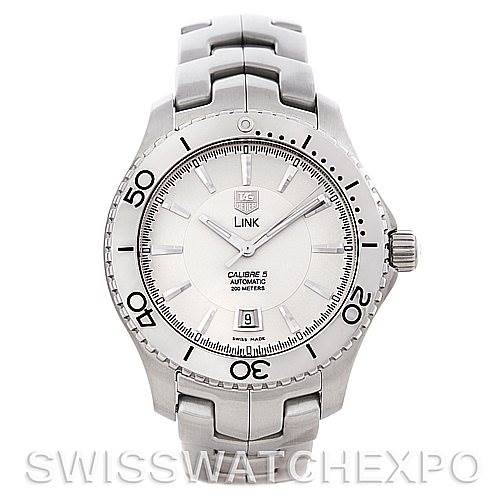 The image shows a frontal view of a Tag Heuer Link WW2110 Men's Stainless Steel Silver Dial WW2110 Men's Stainless Steel Silver Dial model watch, highlighting the dial, bezel, and bracelet.