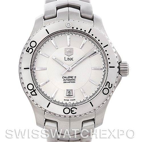 The image shows a front view of the Tag Heuer Link WW2110 Men's Stainless Steel Silver Dial WW2110 Men's Stainless Steel Silver Dial Calibre 5 Automatic watch, displaying the dial, bezel, and part of the bracelet.