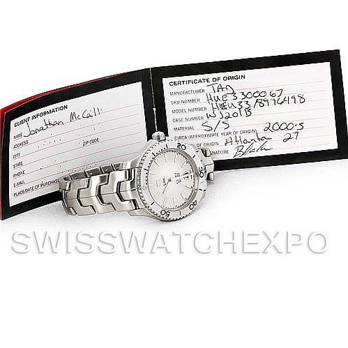The Tag Heuer Link WW2110 Men's Stainless Steel Silver Dial WW2110 Men's Stainless Steel Silver Dial model watch is pictured flat with its face and bracelet visible, alongside a certificate of origin.