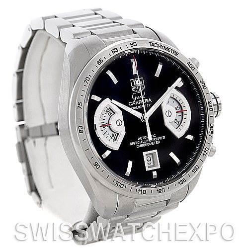 The image shows a Tag Heuer Carrera CAV511A.BA0902 Men's Stainless Steel Black Dial CAV511A.BA0902 Men's Stainless Steel Black Dial watch from a front angle, highlighting the face, bezel, dial, and stainless steel bracelet.