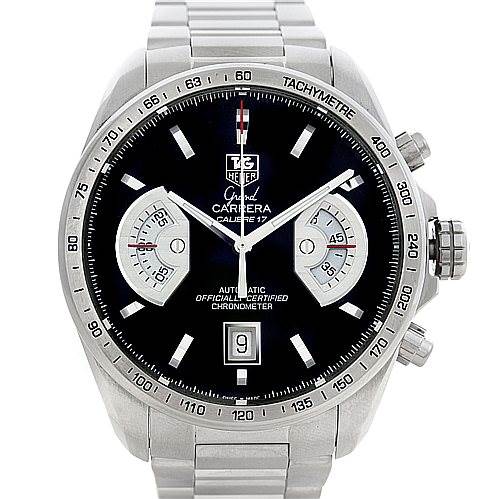 The image shows a frontal view of the Tag Heuer Carrera CAV511A.BA0902 Men's Stainless Steel Black Dial CAV511A.BA0902 Men's Stainless Steel Black Dial watch, highlighting its face and side buttons.
