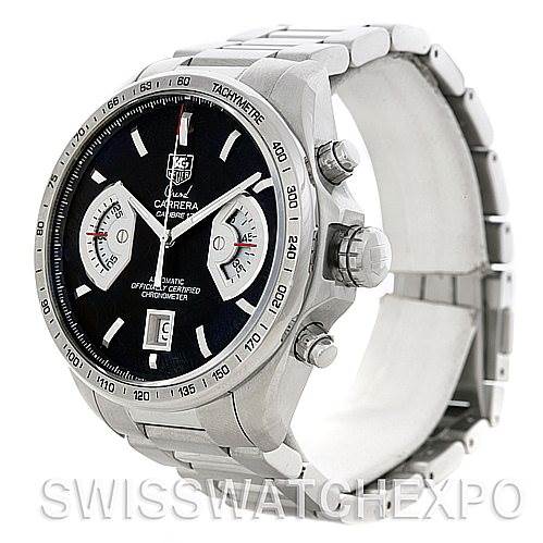 The image shows a side-angle view of a Tag Heuer Carrera CAV511A.BA0902 Men's Stainless Steel Black Dial CAV511A.BA0902 Men's Stainless Steel Black Dial watch, displaying its face, bezel, and stainless steel band.