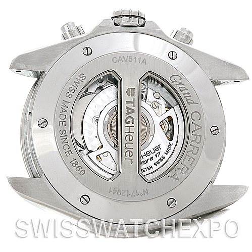 This image shows the back view of a Tag Heuer Carrera CAV511A.BA0902 Men's Stainless Steel Black Dial CAV511A.BA0902 Men's Stainless Steel Black Dial Grand model CAV511A, highlighting its Swiss-made mechanical movement.
