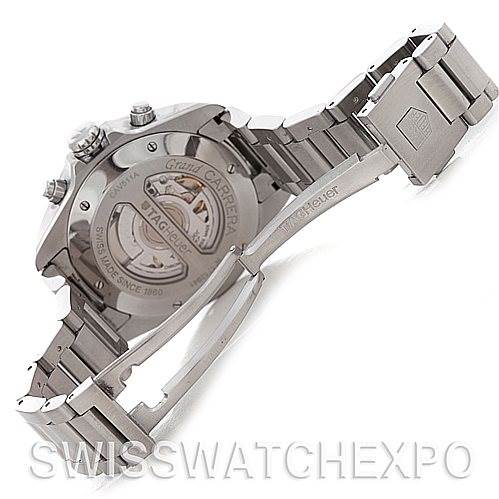 The image shows the back case and metal bracelet of a Tag Heuer Carrera CAV511A.BA0902 Men's Stainless Steel Black Dial CAV511A.BA0902 Men's Stainless Steel Black Dial watch, displaying its open case back and movement.