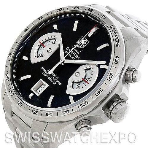 The image shows a Tag Heuer Carrera CAV511A.BA0902 Men's Stainless Steel Black Dial CAV511A.BA0902 Men's Stainless Steel Black Dial watch at a slight angle from the front, revealing the dial, side buttons, and part of the bracelet.