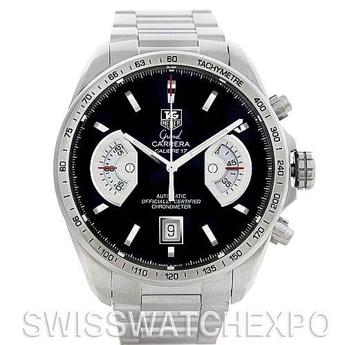 This image shows a front-angle view of the Carrera model by Tag Heuer, highlighting the face, subdials, and bracelet.