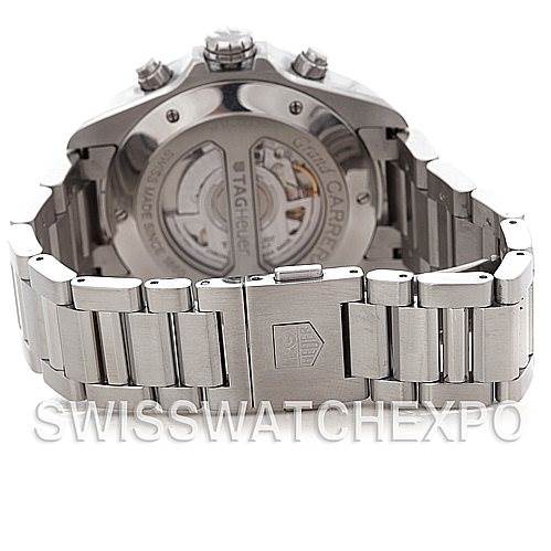 The image shows the back view of a Tag Heuer Carrera CAV511A.BA0902 Men's Stainless Steel Black Dial CAV511A.BA0902 Men's Stainless Steel Black Dial watch, highlighting the clasp, bracelet, and case back.