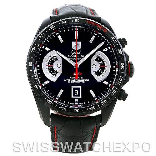 This image shows a front view of a Tag Heuer Carrera CAV518B Men's Stainless Steel Black Dial CAV518B Men's Stainless Steel Black Dial watch, featuring a black dial, two subdials, a date window, and a black leather strap with red stitching.