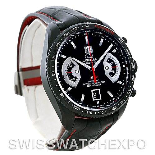 The image shows a Tag Heuer Carrera CAV518B Men's Stainless Steel Black Dial CAV518B Men's Stainless Steel Black Dial watch from a three-quarter angle, highlighting the dial and leather strap with red stitching.