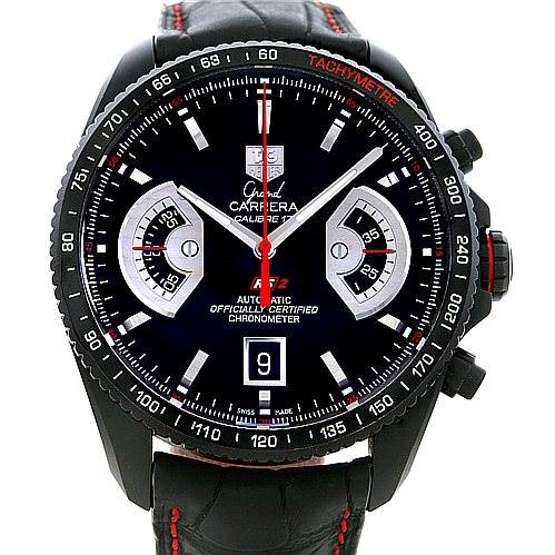 The image shows a front view of a Tag Heuer Carrera CAV518B Men's Stainless Steel Black Dial CAV518B Men's Stainless Steel Black Dial watch, featuring its black dial, chronograph subdials, and tachymeter bezel.