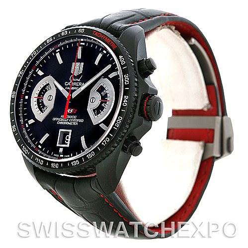 The image shows a Carrera model watch by Tag Heuer from an oblique angle, highlighting the face, bezel, and leather strap.
