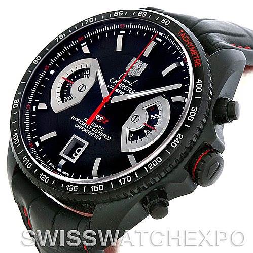 The image features a Tag Heuer Carrera CAV518B Men's Stainless Steel Black Dial CAV518B Men's Stainless Steel Black Dial model watch, showing a close-up of the dial, chronograph subdials, and crown from an angled view.