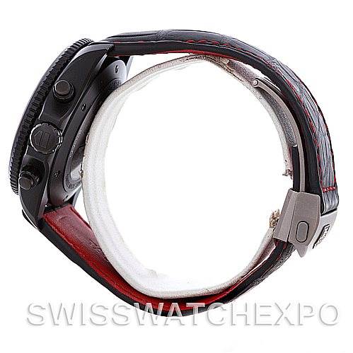 The image shows a side view of a Tag Heuer Carrera CAV518B Men's Stainless Steel Black Dial CAV518B Men's Stainless Steel Black Dial watch, highlighting the crown, pushers, and strap with a buckle.