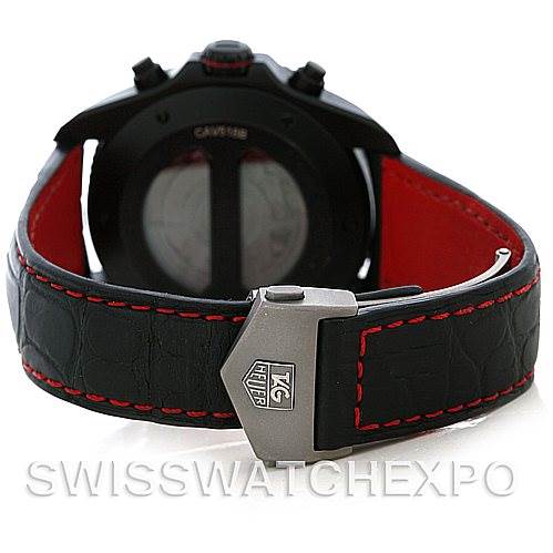 The image shows the back view of a Tag Heuer Carrera CAV518B Men's Stainless Steel Black Dial CAV518B Men's Stainless Steel Black Dial watch, focusing on the black leather strap with red stitching and the Tag Heuer buckle.