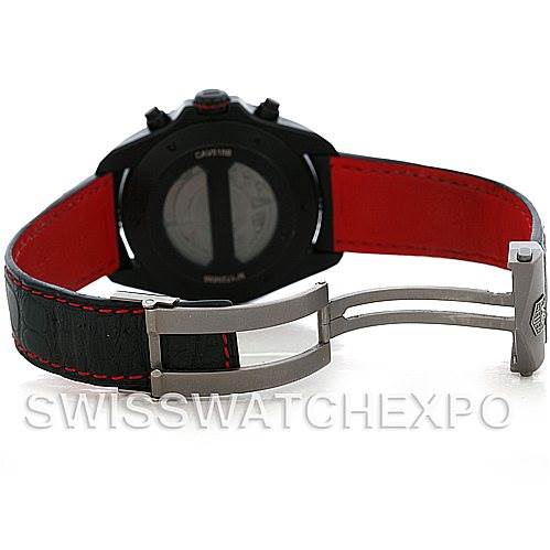 The image shows a rear view of the Tag Heuer Carrera CAV518B Men's Stainless Steel Black Dial CAV518B Men's Stainless Steel Black Dial watch, focusing on the case back and the open metal clasp of the strap.