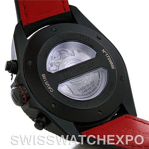 The image shows the back of a Tag Heuer Carrera CAV518B Men's Stainless Steel Black Dial CAV518B Men's Stainless Steel Black Dial watch, highlighting the transparent case back and red strap.