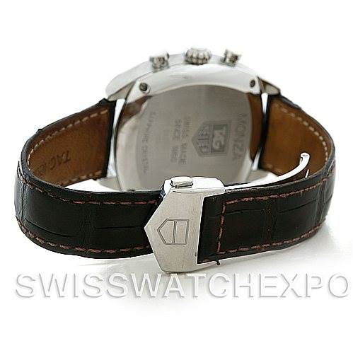 The image shows a rear view of the Tag Heuer Monza CR2113-0 Stainless Steel Black Dial CR2113-0 Stainless Steel Black Dial watch, highlighting the case back and the leather strap with a clasp.