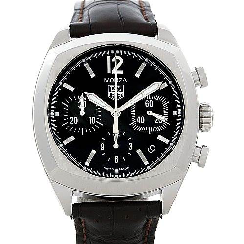 The image shows the front view of a Tag Heuer Monza CR2113-0 Stainless Steel Black Dial CR2113-0 Stainless Steel Black Dial watch, featuring its dial, bezel, pushers, and leather strap.