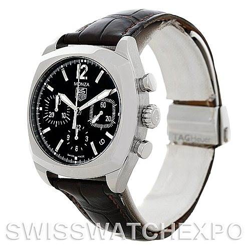 The image shows a Tag Heuer Monza CR2113-0 Stainless Steel Black Dial CR2113-0 Stainless Steel Black Dial watch from a front-angled side view, highlighting the case, dial, crown, and leather strap.