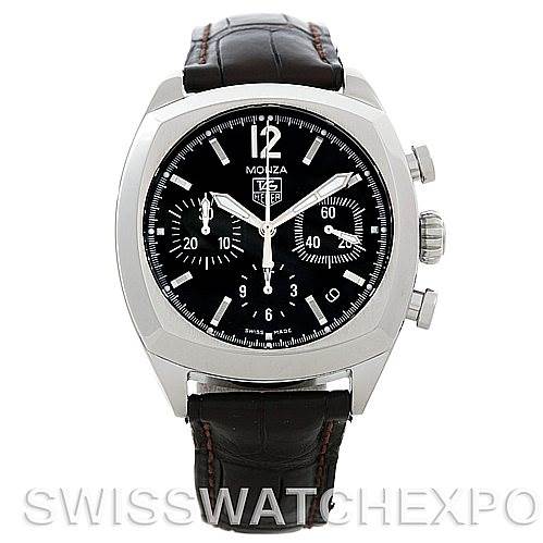 The image shows a front view of the Tag Heuer Monza CR2113-0 Stainless Steel Black Dial CR2113-0 Stainless Steel Black Dial watch with a black dial and black leather strap.