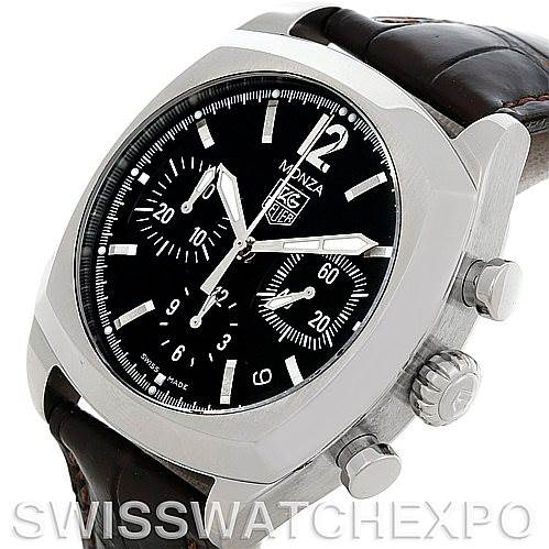 The image shows a Tag Heuer Monza CR2113-0 Stainless Steel Black Dial CR2113-0 Stainless Steel Black Dial watch at a slight angle, highlighting the black dial, subdials, crown, pushers, and the leather strap.