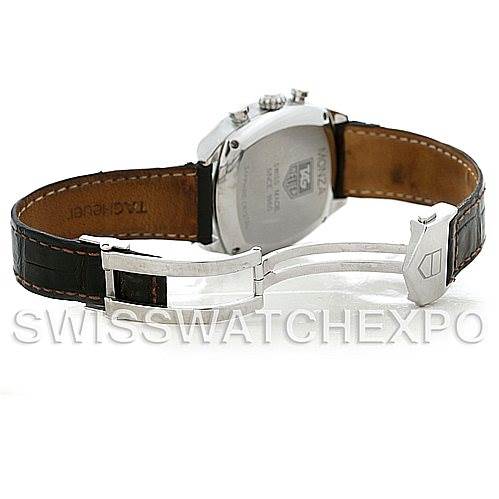 The image shows the back view of the Tag Heuer Monza CR2113-0 Stainless Steel Black Dial CR2113-0 Stainless Steel Black Dial watch, highlighting the leather strap and deployment clasp.