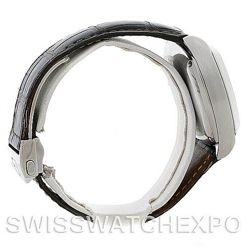 The image shows the side profile and strap of a Tag Heuer Monza CR2113-0 Stainless Steel Black Dial CR2113-0 Stainless Steel Black Dial watch with a leather band and metal case.