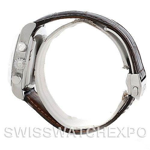 This image shows a side view of a Tag Heuer Monza CR2113-0 Stainless Steel Black Dial CR2113-0 Stainless Steel Black Dial watch, highlighting the case, crown, pushers, and leather strap.