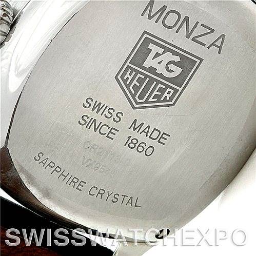 The image shows the back case of the Tag Heuer Monza CR2113-0 Stainless Steel Black Dial CR2113-0 Stainless Steel Black Dial watch, displaying brand details and "Swiss Made" information.