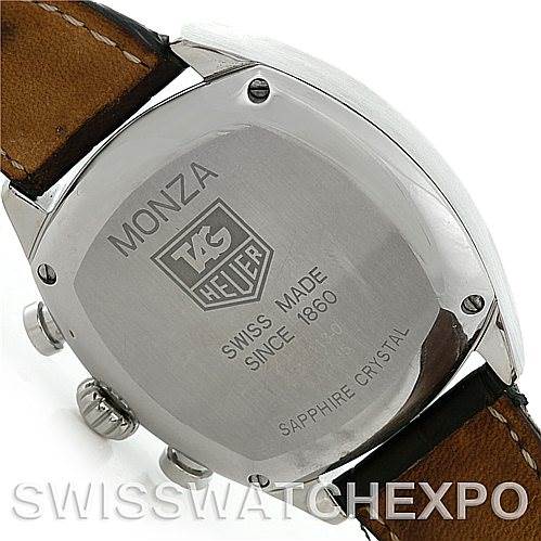 The image shows the back case of a Tag Heuer Monza CR2113-0 Stainless Steel Black Dial CR2113-0 Stainless Steel Black Dial watch, highlighting the watch's branding and inscriptions.