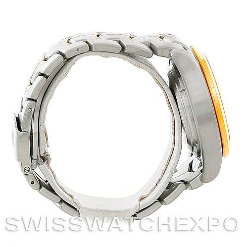 This image shows a Tag Heuer Link CJF2150 Men's Steel and Gold (two tone) Silver Dial CJF2150 Men's Steel and Gold (two tone) Silver Dial model watch from a side view, highlighting its bracelet and case.