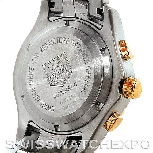 The image shows the stainless steel case back and partial bracelet of a Tag Heuer Link CJF2150 Men's Steel and Gold (two tone) Silver Dial CJF2150 Men's Steel and Gold (two tone) Silver Dial model watch, with side view of the gold crown and pushers.