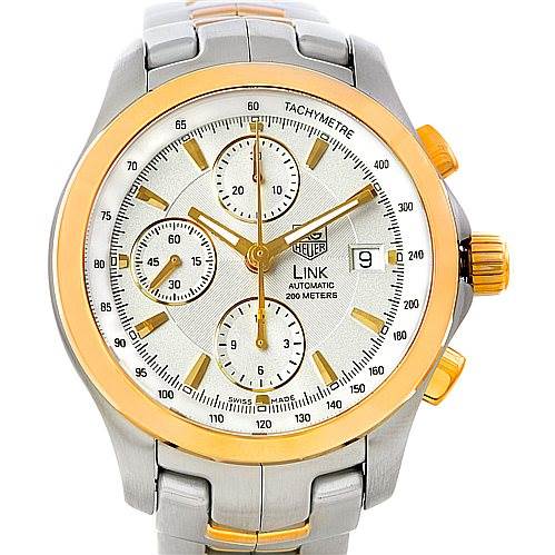 The Tag Heuer Link CJF2150 Men's Steel and Gold (two tone) Silver Dial CJF2150 Men's Steel and Gold (two tone) Silver Dial model watch is shown from a front angle, featuring its face, bezel, and part of the bracelet.