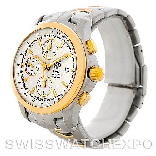 This image displays a Tag Heuer Link CJF2150 Men's Steel and Gold (two tone) Silver Dial CJF2150 Men's Steel and Gold (two tone) Silver Dial model watch at an angle showcasing its face, band, and side buttons.
