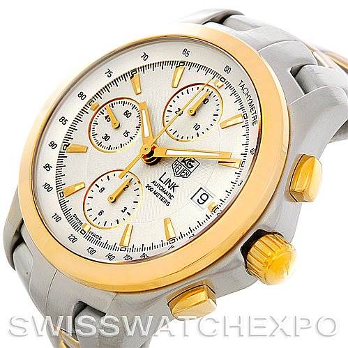 The image shows a Tag Heuer Link CJF2150 Men's Steel and Gold (two tone) Silver Dial CJF2150 Men's Steel and Gold (two tone) Silver Dial model watch at a tilted angle, highlighting the dial, subdials, bezel, crown, and pushers.