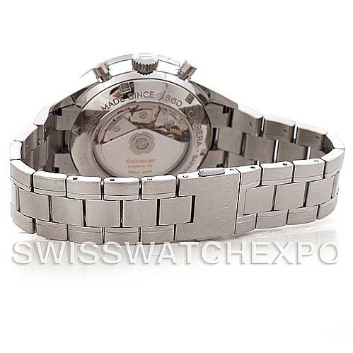 This image shows the back view of a Tag Heuer Carrera CV2015 Men's Stainless Steel Blue Dial CV2015 Men's Stainless Steel Blue Dial watch, highlighting its bracelet and transparent case back.