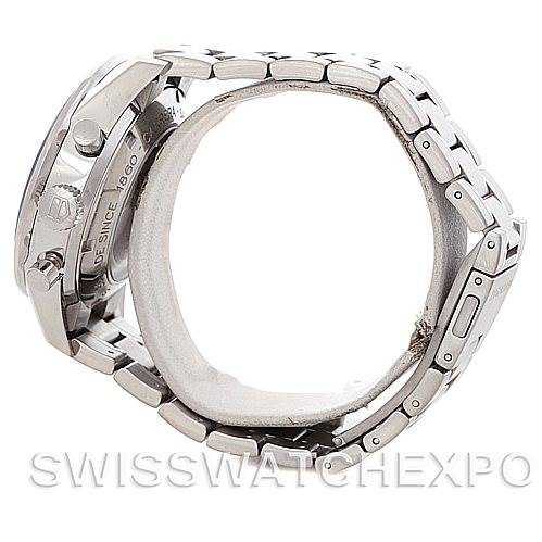 The image shows the side view of a Tag Heuer Carrera CV2015 Men's Stainless Steel Blue Dial CV2015 Men's Stainless Steel Blue Dial watch, focusing on the bracelet and clasp with some details of the case and crown visible.