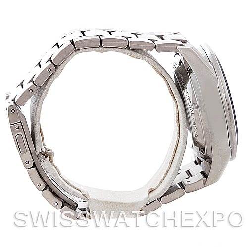 The image shows a side view of the Tag Heuer Carrera CV2015 Men's Stainless Steel Blue Dial CV2015 Men's Stainless Steel Blue Dial watch, focusing on its metal bracelet and case.