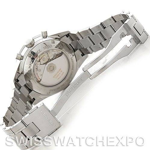 The image shows the back view of the Tag Heuer Carrera CV2015 Men's Stainless Steel Blue Dial CV2015 Men's Stainless Steel Blue Dial watch, highlighting its stainless steel bracelet and the open clasp.