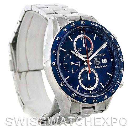 The image shows a Tag Heuer Carrera CV2015 Men's Stainless Steel Blue Dial CV2015 Men's Stainless Steel Blue Dial watch at a slight angle, displaying the face, bezel, and part of the metal bracelet.