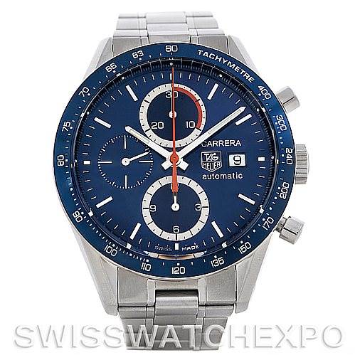 The image shows a frontal view of a Tag Heuer Carrera CV2015 Men's Stainless Steel Blue Dial CV2015 Men's Stainless Steel Blue Dial watch, highlighting the blue dial, chronograph subdials, date display, and tachymeter bezel.