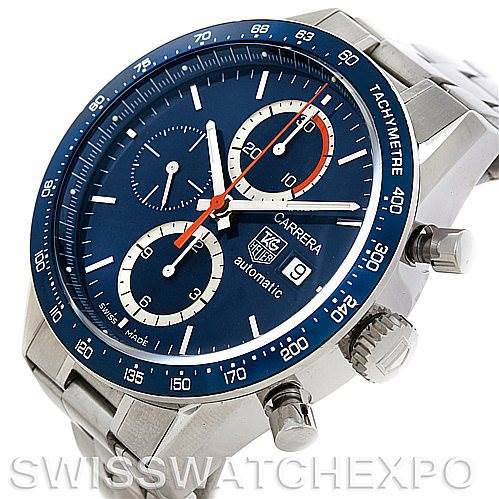 The image shows a Tag Heuer Carrera CV2015 Men's Stainless Steel Blue Dial CV2015 Men's Stainless Steel Blue Dial watch angled to display the face, bezel, pushers, and part of the bracelet.