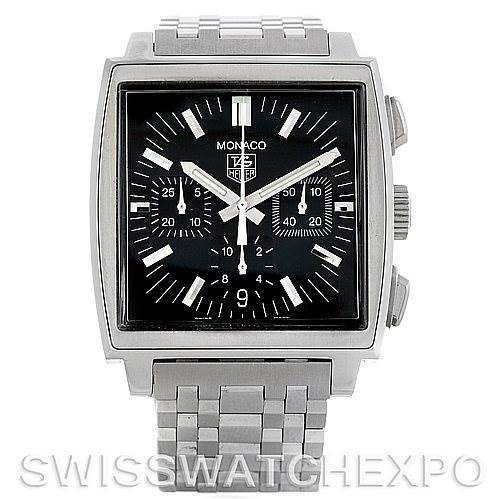 The image shows a front view of the Tag Heuer Monaco CW2111.BA078 Men's Stainless Steel Black Dial CW2111.BA078 Men's Stainless Steel Black Dial watch, displaying the square face, chronograph dials, and metal bracelet.