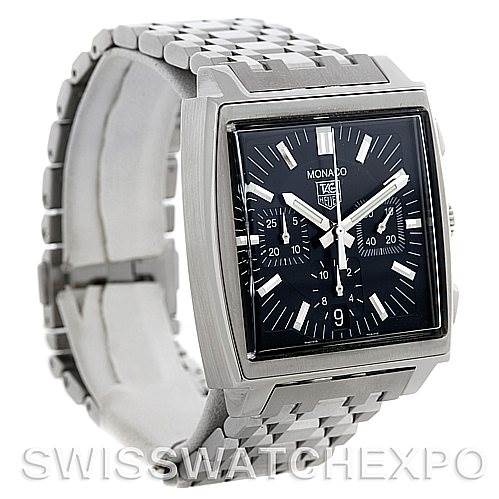 The image shows a Tag Heuer Monaco CW2111.BA078 Men's Stainless Steel Black Dial CW2111.BA078 Men's Stainless Steel Black Dial watch at a front-angle view, highlighting the bracelet, square case, and dial.