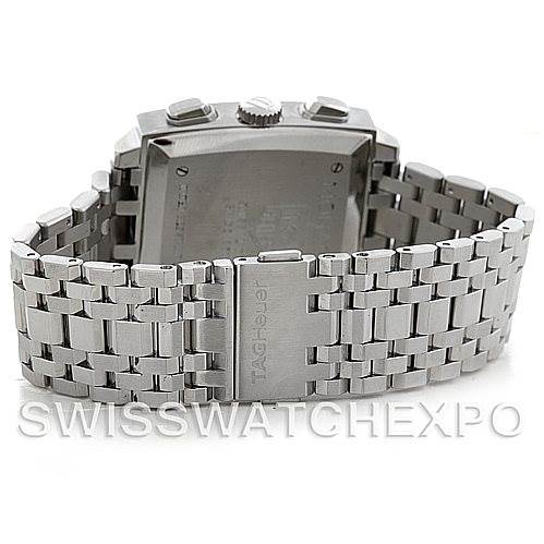 The image shows a rear view of the Tag Heuer Monaco CW2111.BA078 Men's Stainless Steel Black Dial CW2111.BA078 Men's Stainless Steel Black Dial watch displaying the back case and stainless steel bracelet.
