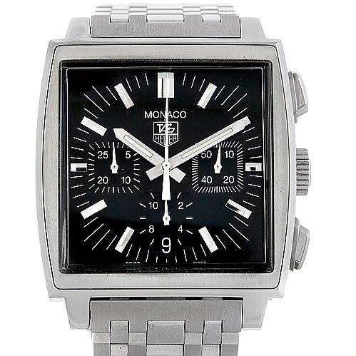 This image shows a frontal view of a Tag Heuer Monaco CW2111.BA078 Men's Stainless Steel Black Dial CW2111.BA078 Men's Stainless Steel Black Dial watch, highlighting its square dial, sub-dials, and metal bracelet.