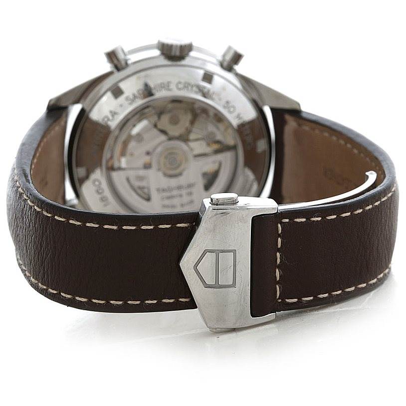 The image shows the back view of a Tag Heuer Carrera CV2013 Men's Stainless Steel Brown Dial CV2013 Men's Stainless Steel Brown Dial watch, highlighting the exposed automatic movement and leather strap.