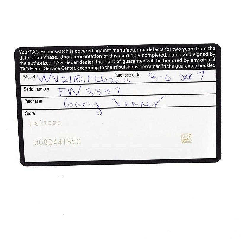 This image shows a warranty card for a Tag Heuer Carrera CV2013 Men's Stainless Steel Brown Dial CV2013 Men's Stainless Steel Brown Dial model watch, detailing the model, serial number, purchaser, and purchase date.