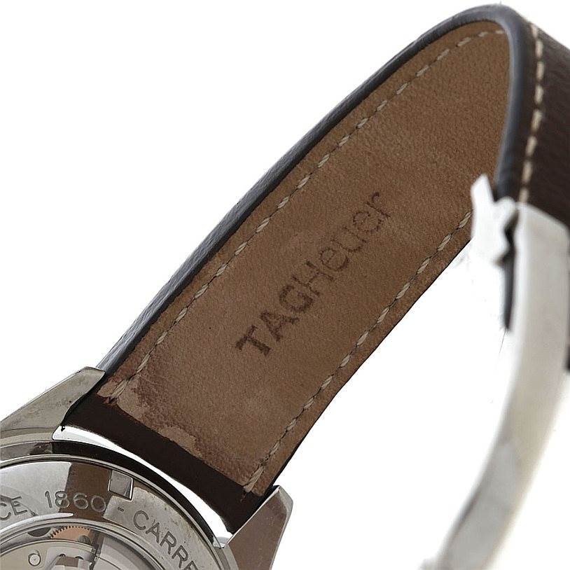 The image shows the inside leather strap and partial case back of a Tag Heuer Carrera CV2013 Men's Stainless Steel Brown Dial CV2013 Men's Stainless Steel Brown Dial watch.